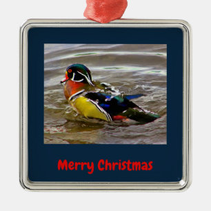 Colourful Wood Duck Drake Navy Christmas Framed Metal Ornament