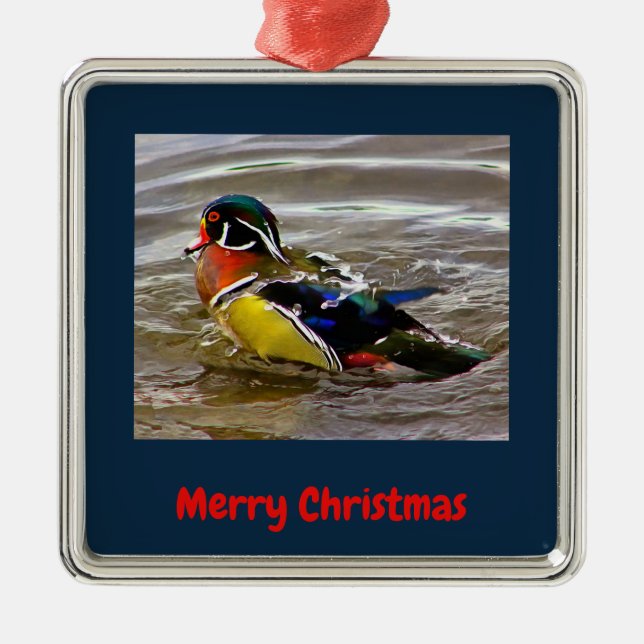 Colourful Wood Duck Drake Navy Christmas Framed Metal Ornament (Front)