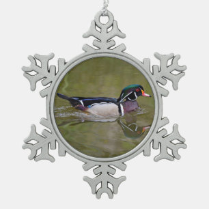 Colourful wood duck snowflake pewter christmas ornament
