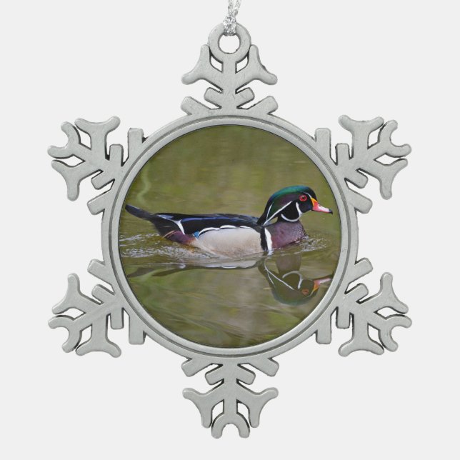 Colourful wood duck snowflake pewter christmas ornament (Front)