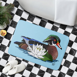 Colourful Wood Duck Water Lily Wildlife Blue Bath Mat