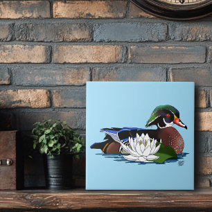 Colourful Wood Duck Water Lily Wildlife Blue Ceramic Tile