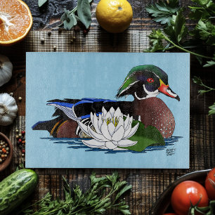 Colourful Wood Duck Water Lily Wildlife Blue Cutting Board