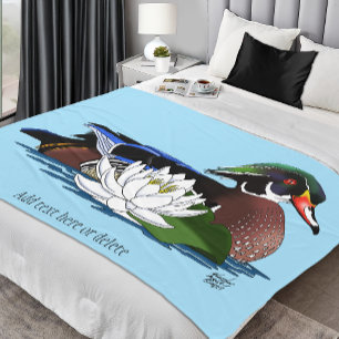 Colourful Wood Duck Water Lily Wildlife Blue  Fleece Blanket