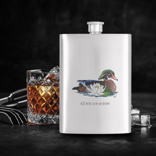 Colourful Wood Duck Water Lily Wildlife Blue Hip Flask