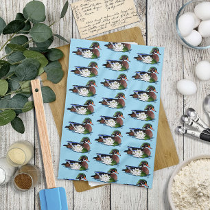 Colourful Wood Duck Water Lily Wildlife Blue Tea Towel