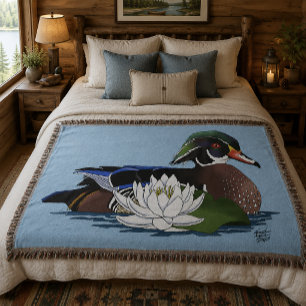Colourful Wood Duck Water Lily Wildlife Blue Throw Blanket