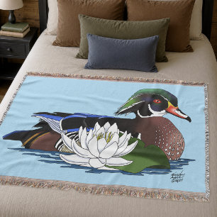 Colourful Wood Duck Water Lily Wildlife Blue Throw Blanket