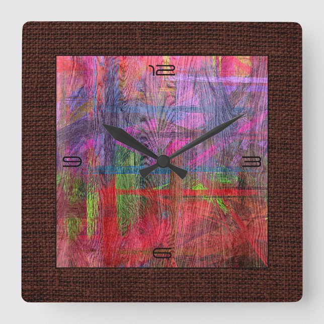 Colourful Wood Grain Burlap Border #2 Square Wall Clock (Front)