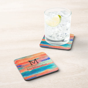 Colourful Wood Grain Texture Monogram Coaster