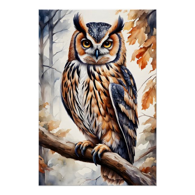 Colourful Wood Owl on Tree Branch Poster (Front)