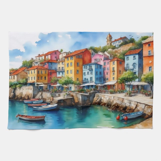 Colourful Wooden Boats in the Harbour Village  Tea Towel (Horizontal)