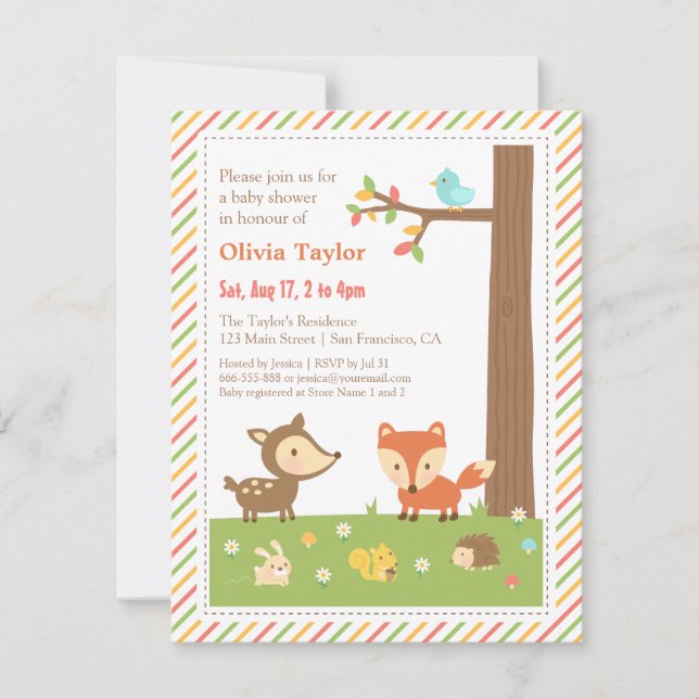Colourful Woodland Animal Baby Shower Invitation (Front)