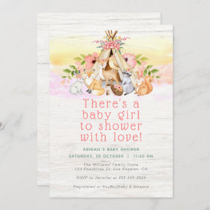 Colourful Woodland Animals Camping Girl Baby Showe Invitation