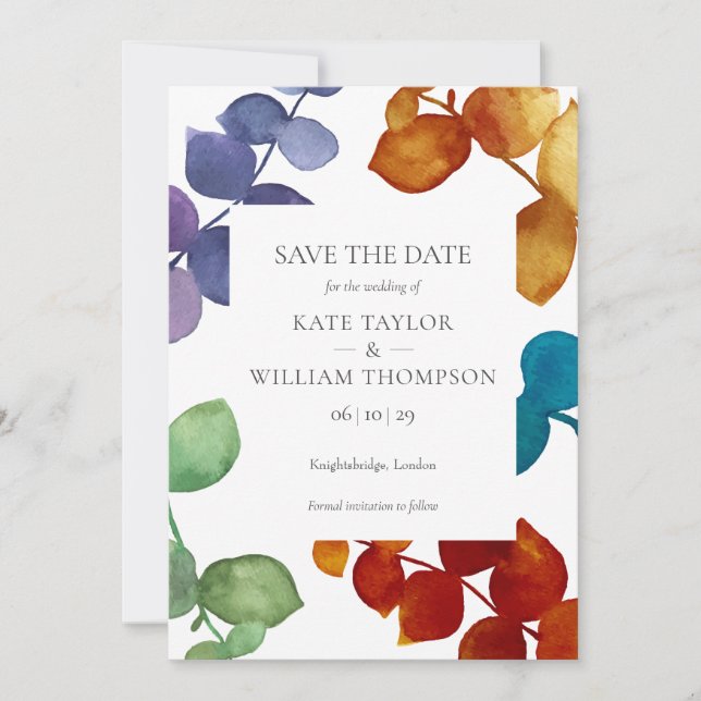 Colourful Woodland Eucalyptus Floral Save The Date (Front)