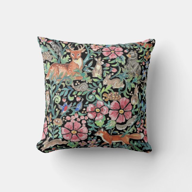 Colourful Woodland Forest Animals Nature  on Black Cushion (Front)
