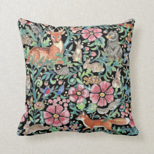 Colourful Woodland Forest Animals Nature  on Black Cushion