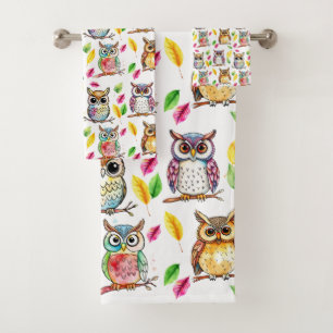 Colourful Woodland Owls and Leaves Watercolor Bath Towel Set