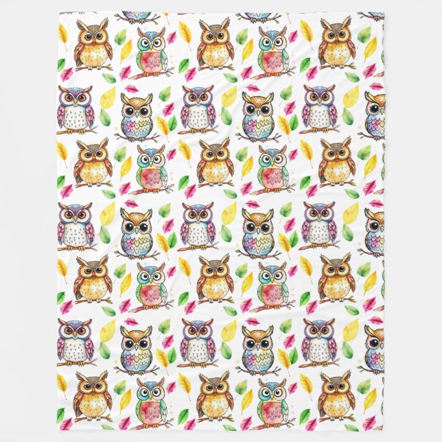 Colourful Woodland Owls and Leaves Watercolor Fleece Blanket (Front)