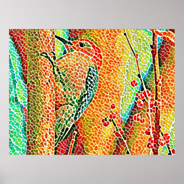Colourful Woodpecker in Tree Faux Mosaic Poster (Front)