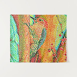 Colourful Woodpecker in Tree Faux Mosaic Tapestry