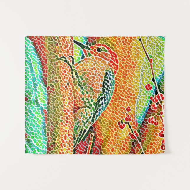 Colourful Woodpecker in Tree Faux Mosaic Tapestry (Front (Horizontal))