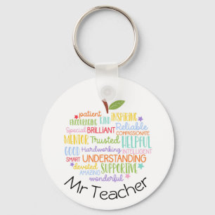 Colourful Word Art Apple Keychain, Thank You Teach Key Ring
