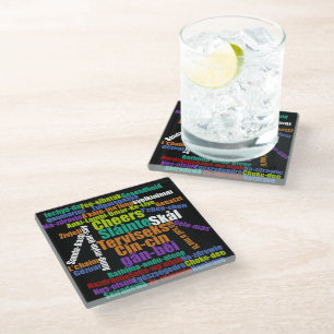 Colourful Word Art Cheers in Many Languages Glass Coaster