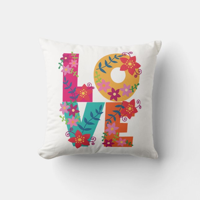 Colourful word love decorated with flowers cushion (Front)