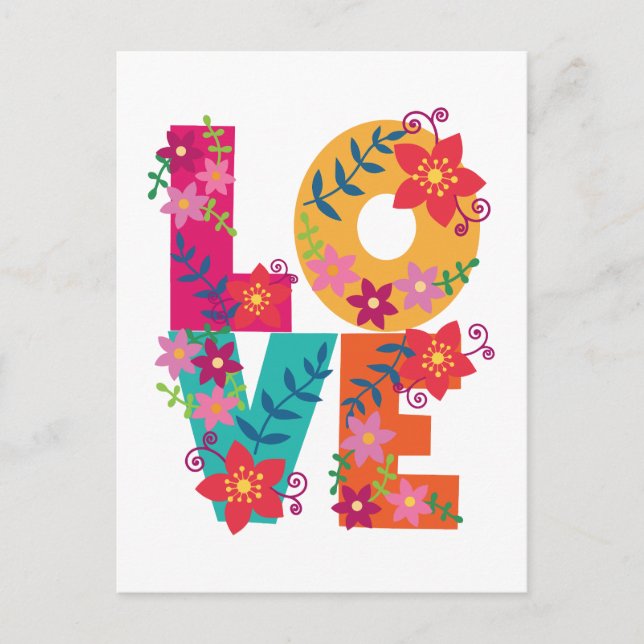 Colourful word love decorated with flowers postcard (Front)