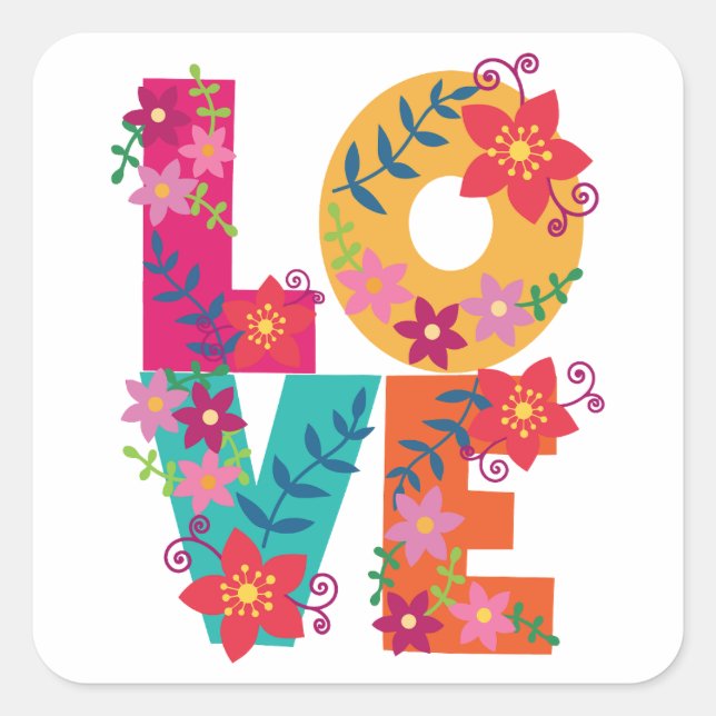 Colourful word love decorated with flowers square sticker (Front)