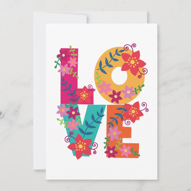 Colourful word love decorated with flowers thank you card (Front)