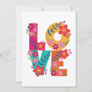 Colourful word love decorated with flowers thank you card