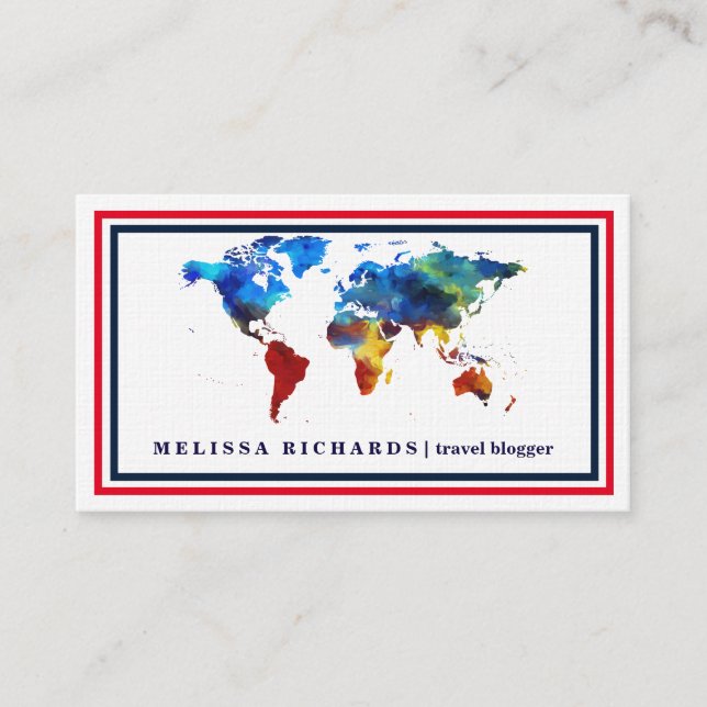 Colourful World Map Travel  Blog Business Card (Front)