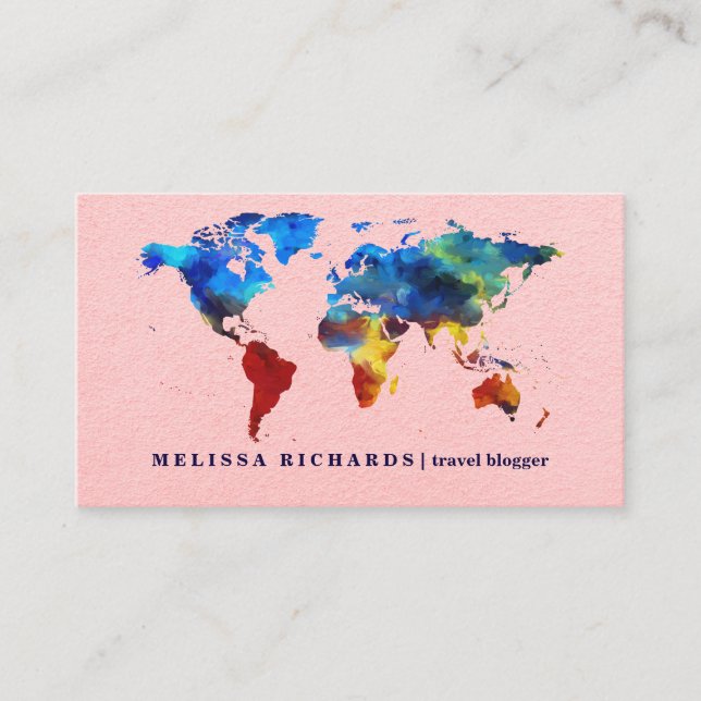 Colourful World Map Travel  Blog Business Card (Front)