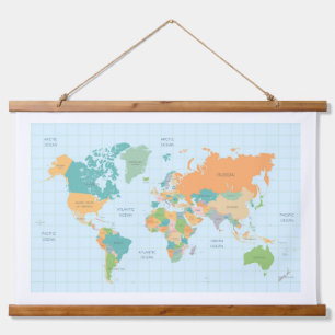Colourful World Map Wood Topped Wall Tapestry