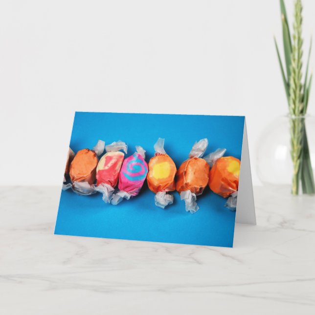 Colourful wrapped taffy candy greeting card (Front)