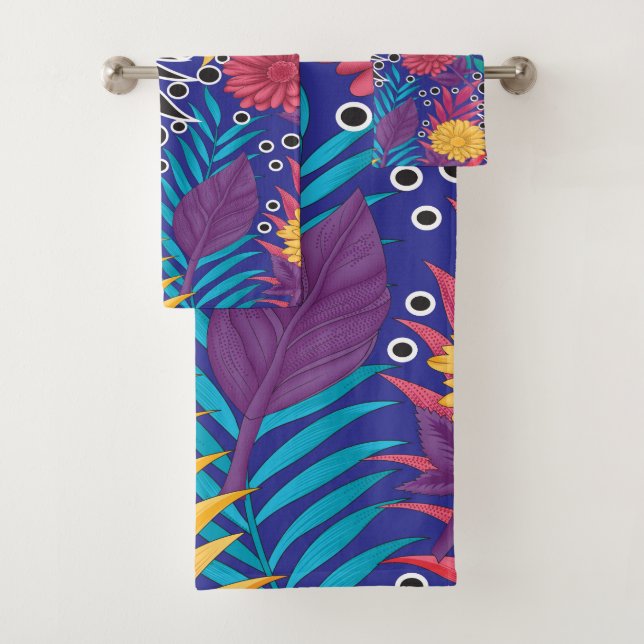 Colourful wrapping paper featuring creative floral bath towel set (Insitu)