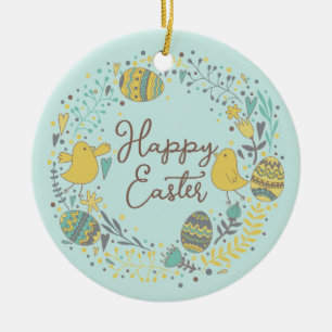 Colourful Wreath of Joyful Chicks Eggs and Greetin Ceramic Ornament