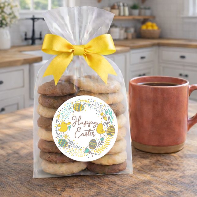 Colourful Wreath of Joyful Chicks Eggs and Greetin Classic Round Sticker (Creator Uploaded)