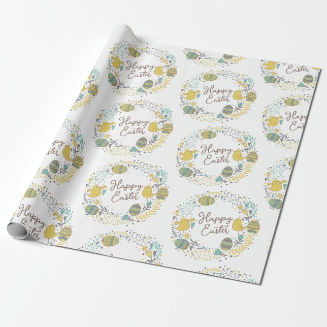 Colourful Wreath of Joyful Chicks Eggs and Greetin Wrapping Paper (Unrolled)