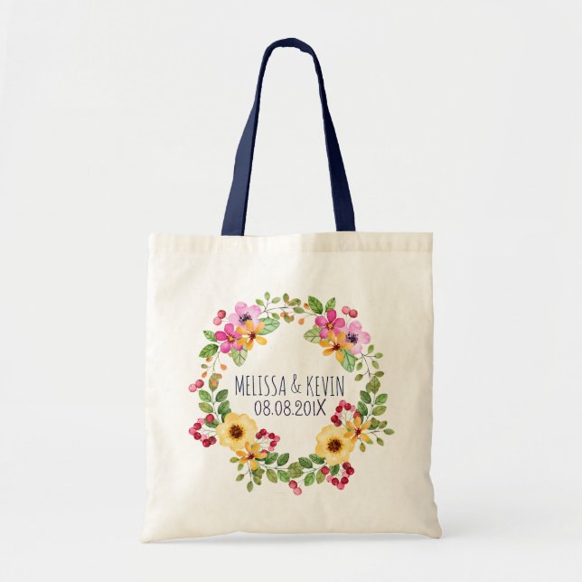 Colourful Wreath Pink Yellow Flowers & Red Berries Tote Bag (Front)