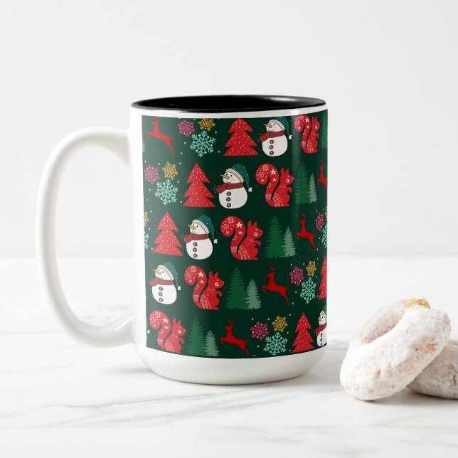 Colourful Xmas Vibes Pattern Two-Tone Coffee Mug (With Donut)