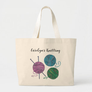 Colourful yarn and knitting needles, personalised large tote bag