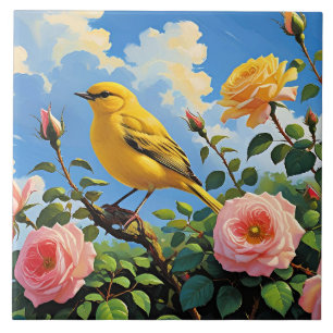 Colourful yellow bird and pretty pink roses ceramic tile