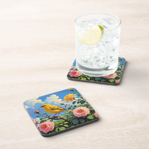 Colourful yellow bird and pretty pink roses coaster