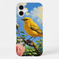Colourful yellow bird and pretty pink roses