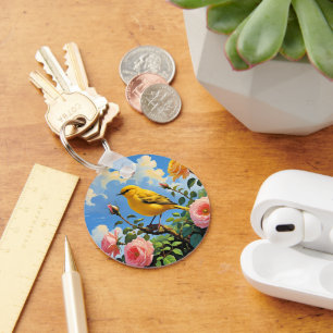 Colourful yellow bird and pretty pink roses key ring