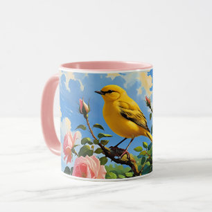 Colourful yellow bird and pretty pink roses mug