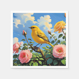 Colourful yellow bird and pretty pink roses napkin